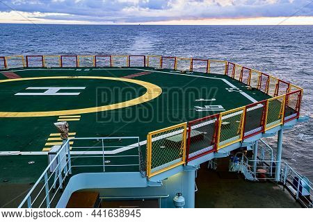 The Helipad Of The Ship. Helipad On The Ship At Sunset.