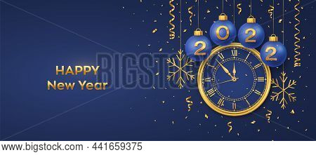 Happy New Year 2022. Hanging Blue Christmas Bauble Balls With Realistic Gold 3d Numbers 2022 And Sno