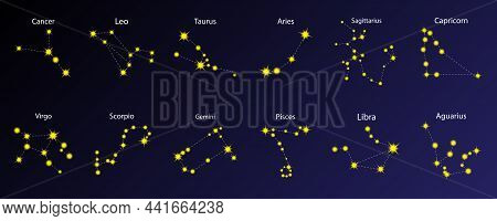 Constellation Icons Set. Stellar Galaxy Background. Zodiac Symbols. Astrology Elements. Vector Illus