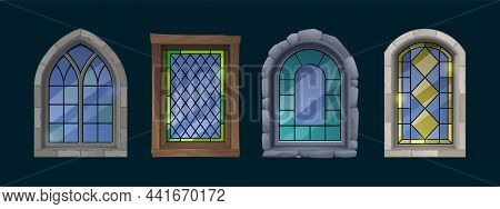 Cartoon Stained Glass Windows, Catholic Church, Medieval Gothic Interior Or Exterior Architecture De