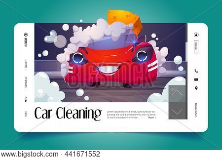 Car Cleaning Cartoon Landing Page. Happy Automobile Character With Smiling Face Washing With Soap Fo