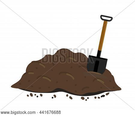 Pile Of Ground, Manure Or Compost. Shovel In A Pile Of Ground.