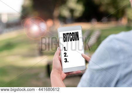 Conceptual Caption Bitcoin. Conceptual Photo Cryptocurrency Blockchain Digital Currency Tradeable To