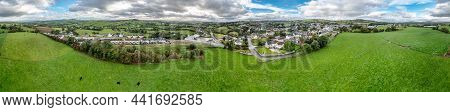 Aerial View Of The Skyline Of The Historic Town Of Raphoe And The Castle Remains In County Donegal -