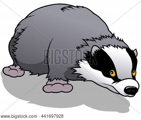 Sniffing Badger With Cast Shadow - Cartoon Illustration Isolated On White Background, Vector