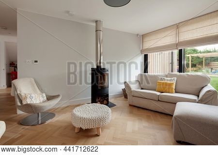 Dry Drayton, England - August 2 2019: Contemporary Living Room In Modern Home Simply Furnished With 