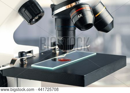 Glass Slide With Sample Of Red Liquid Under Microscope In Laboratory, Closeup