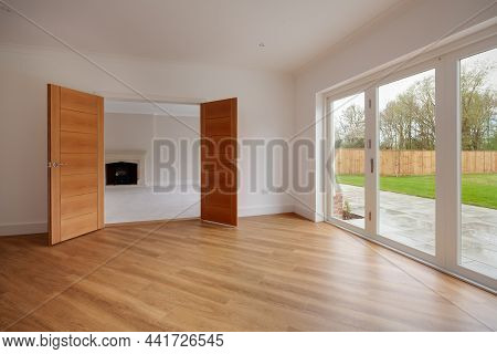 Clavering, England -  April 6 2020: Large Dining Room Area Within Brand New With White Painted Walls