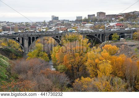 Panoramic View Of The Victory Bridge Over The Hrazdan River. November 11, 2021, Yerevan, Armenia.