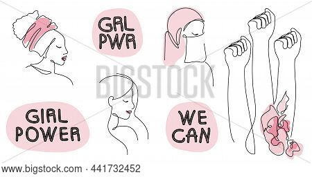 This Is A Vector Illustration Set  With Femail Face Different Nationality,  Feminist Symbol Fist And