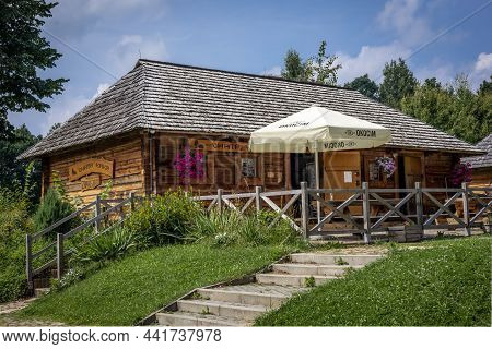 Kakonin, Poland - July 28, 2021:  Chata Kaka Restaurant, Located In A Historical Wooden Cottage In S