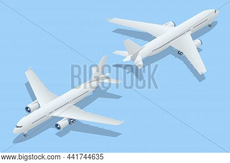 Isometric Airplanes On Blue Background. Industrial Blueprint Of Airplane. Airliner A-320 In Top