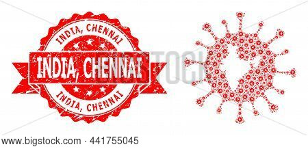 Vector Recursive Composition Indian Covid Virus, And India, Chennai Rubber Seal Imitation. Red Stamp