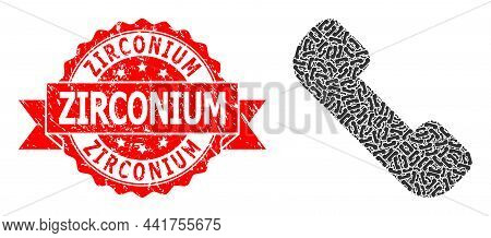 Vector Fractal Collage Phone Receiver, And Zirconium Textured Seal Imitation. Red Seal Contains Zirc