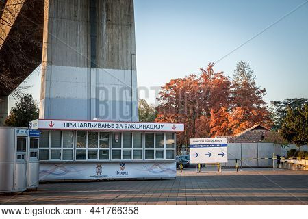 Belgrade, Serbia - October 31, 2021: Empty Entrance To A Covid 19 Vaccine Point, Deserted On Weekend