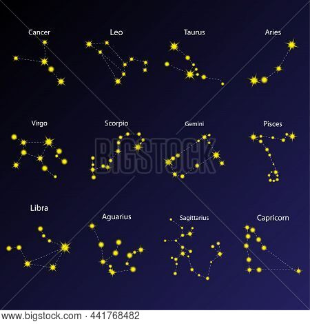 Collection Of Constellation Icons. Zodiac Symbol. Stellar Background. Astrology Element. Vector Illu
