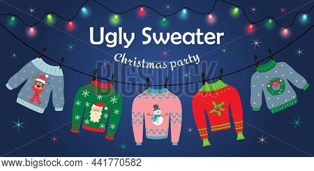 Ugly Sweater Christmas Party. Sweaters With Different Prints Are Hanging On Clothespins. Garland Wit