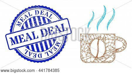 Vector Net Mesh Hot Coffee Cup Frame, And Meal Deal Blue Round Rubber Stamp Seal. Wire Carcass Net I