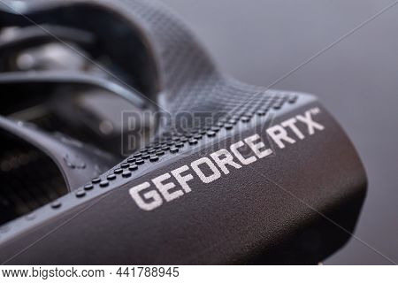 Budapest, Hungary - Circa 2020: Nvidia Geforce RTX 3080 Graphics Card manufactured by EVGA, shiny new hardware detail
