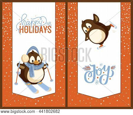 Skating And Skiing Penguins, Happy Winter Holidays Greeting Card. Bird In Earmuffs And Scarf On Skis