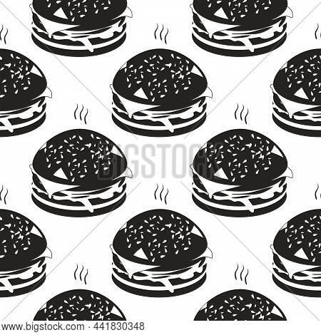 Burger. Black And White Image. Pattern Background Seamless