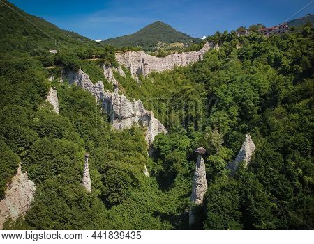 Strange Unique Rock Formations In Pyrimidi Zone Near Lake Iseo, Lombardy, Italy