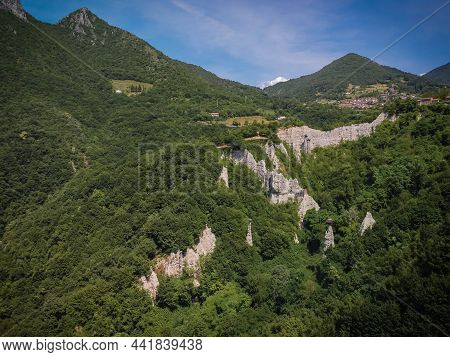 Strange Unique Rock Formations In Pyrimidi Zone Near Lake Iseo, Lombardy, Italy