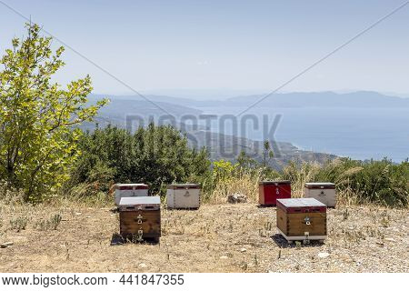 View On Apiary In The Mountains In The Meadow And Sea View From Above On A Sunny Summer Day (greece,