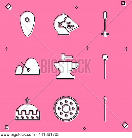 Set Shield, Medieval Iron Helmet, Torch Flame, Bale Of Hay And Rake, Anvil For Blacksmithing Hammer,