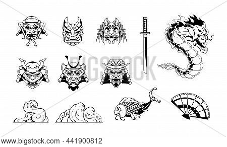Samurai Tattoo. Japanese Clipart With Warrior Helmet And Koi Fish. Oriental Dragon Or Ocean Waves. D