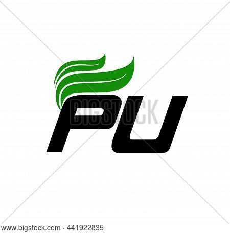 Pu Initial Letters Of Brand Name. Pu Letters With Green Leaf Monogram.