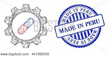 Vector Net Pharma Industry Framework, And Made In Peru Blue Round Grunge Seal Imitation. Hatched Car