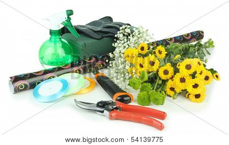 Composition with florist tools isolated on white