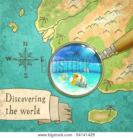 magnifier showing beautiful nature on the old map