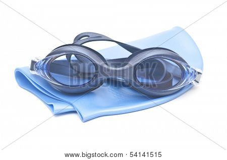 Blue swimming cap and goggles isolated on white 