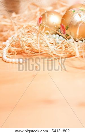 Christmas  Background With Boll And Strow In Gold