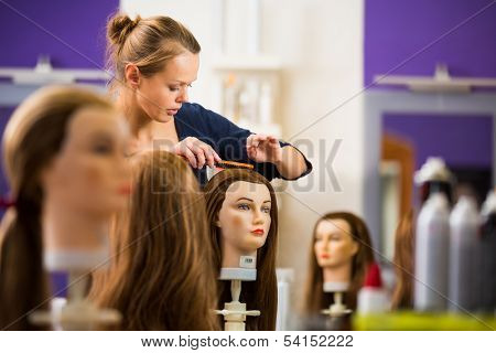 Pretty female hairdresser/haidressing apprentice/student training on an apprentice head