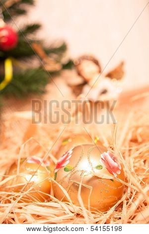 Christmas  Background With Boll And Strow In Gold