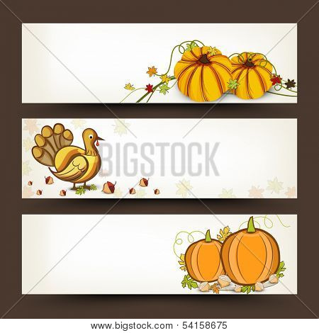 Happy Thanksgiving Day website header or banner set with pumpkin with turkey bird on autumn leaves decorated background. 