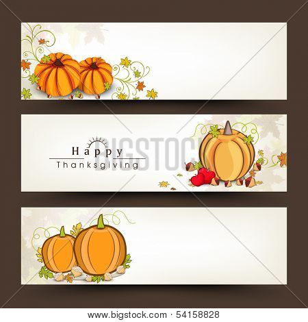 Happy Thanksgiving Day website header or banner set with pumpkins on autumn leaves decorated background.