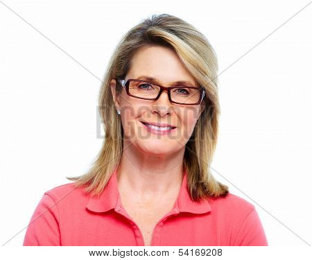 Senior woman with eyeglasses isolated white background