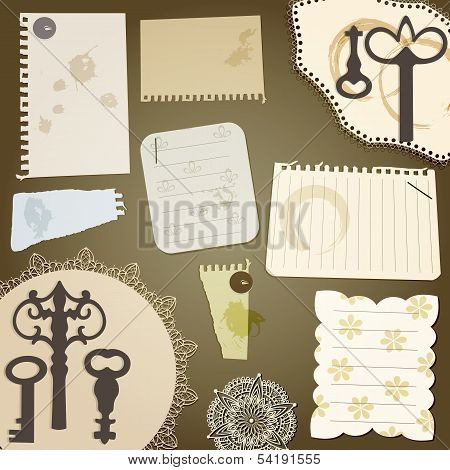 Vector Scrapbook Design Elements: Vintage Key, Torn Pices Of Paper, Splashes Of Coffee, Napkins