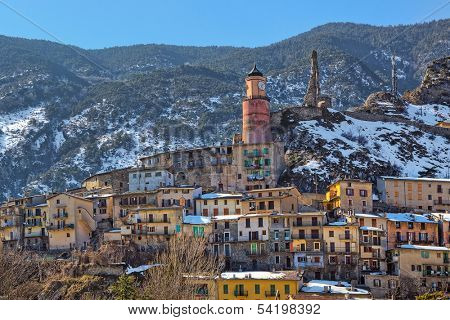 Small french town of Tende on the mountains slope in Alps, France.