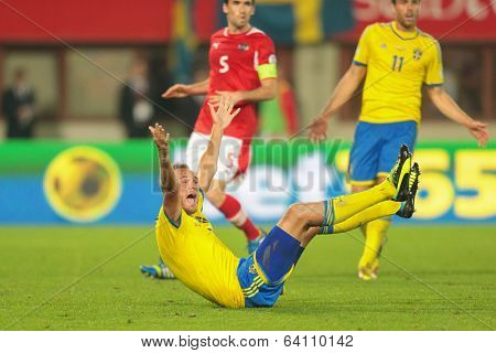 VIENNA,  AUSTRIA - JUNE  7 Andreas Granqvist (#4 Sweden) complains about a foul during the world cup qualifier game on June 7, 2013 in Vienna, Austria.