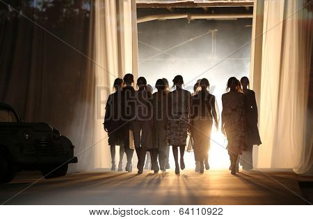 ZAGREB, CROATIA - APRIL 12 : Fashion model wears clothes made by Sonja Lamut on 