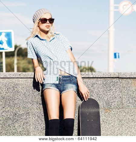 Beautiful Blonde Girl In Short Shorts With Skateboard