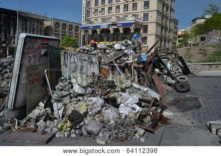 KIEV, UKRAINE - APR 28, 2014: Downtown. Mass destruction after Putsch of Junta in Kiev.April 28, 2014 Kiev, Ukraine 