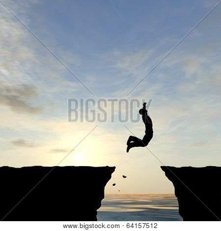 Concept or conceptual young man or businessman silhouette jump happy from cliff over water gap sunset or sunrise sky background