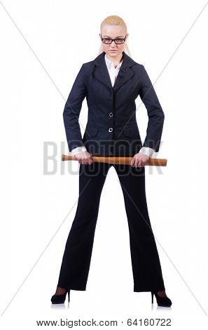 Businesswoman with baseball bat on white