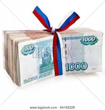 Heap of One Million Banknotes Rubles of the Russian Federation wrapping Ribbon flag tape - isolated on white background